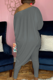 Grey Casual Print Split Joint One Shoulder Three Quarter Two Pieces