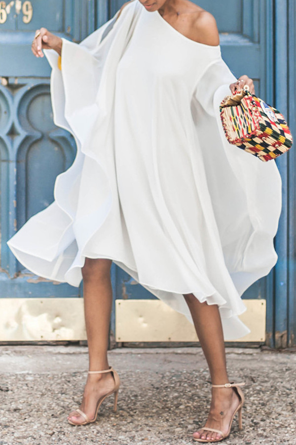 White Sweet Bat-wing Sleeves Asymmetrical Chiffon Mid Calf Dress
