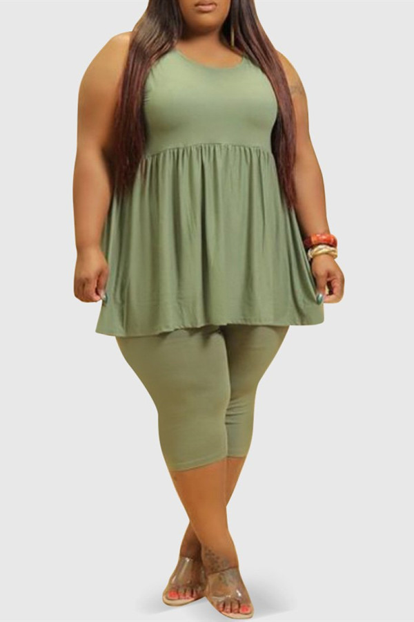 Green Fashion Casual Solid Vests O Neck Plus Size Two Pieces