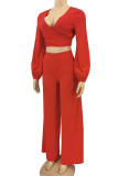 Red Elegant Solid Bandage Patchwork V Neck Long Sleeve Two Pieces