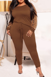 Army Green Casual Leopard Split Joint O Neck Plus Size Two Pieces