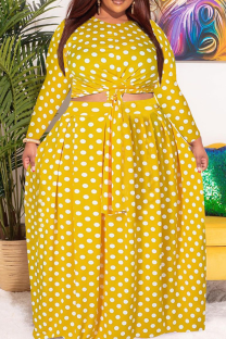 Yellow Casual Dot Split Joint O Neck Cake Skirt Plus Size Two Pieces