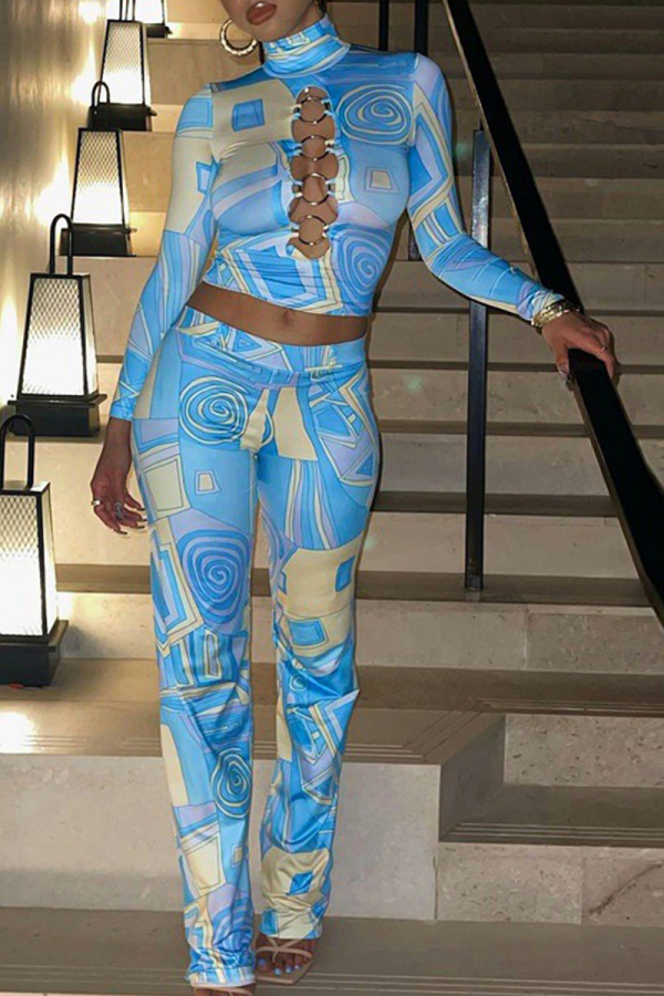 Blue Sexy Print Patchwork Half A Turtleneck Long Sleeve Two Pieces