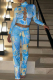 Blue Sexy Print Patchwork Half A Turtleneck Long Sleeve Two Pieces