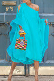 Baby Blue Sweet Bat-wing Sleeves Asymmetrical Chiffon Mid Calf Dress