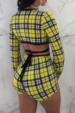Yellow Sexy Plaid Print Bandage Patchwork V Neck Long Sleeve Two Pieces