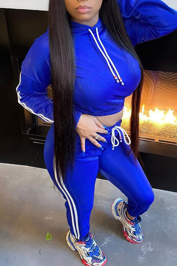 Blue Casual Solid Patchwork Hooded Collar Long Sleeve Two Pieces