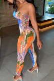 Yellow Sexy Print Hollowed Out Patchwork Frenulum Strapless Skinny Jumpsuits