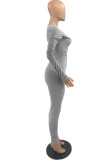 Grey Sexy Solid Hollowed Out Patchwork O Neck Skinny Jumpsuits
