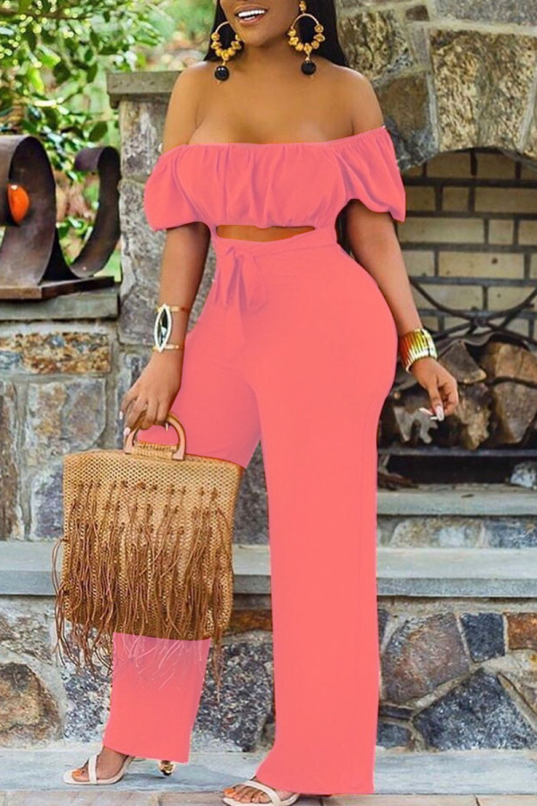 Pink Casual Solid Hollowed Out Patchwork Off the Shoulder Straight Jumpsuits