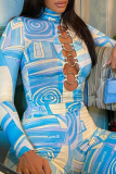 Blue Sexy Print Patchwork Half A Turtleneck Long Sleeve Two Pieces