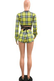 Yellow Sexy Plaid Print Bandage Patchwork V Neck Long Sleeve Two Pieces