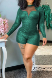 Red Sexy Solid Mesh O Neck Skinny Rompers