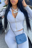 Light Gray Casual Solid Patchwork Hooded Collar Long Sleeve Two Pieces