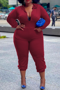 Burgundy Casual Solid Split Joint Hooded Collar Plus Size Jumpsuits