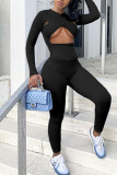 Grey Sexy Solid Hollowed Out Patchwork O Neck Skinny Jumpsuits