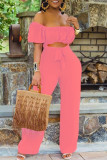 Pink Casual Solid Hollowed Out Patchwork Off the Shoulder Straight Jumpsuits