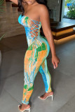 Yellow Sexy Print Hollowed Out Patchwork Frenulum Strapless Skinny Jumpsuits