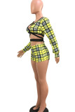 Yellow Sexy Plaid Print Bandage Patchwork V Neck Long Sleeve Two Pieces