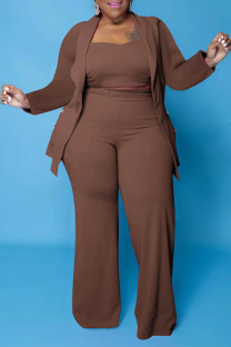 Brownness Casual Solid Patchwork Plus Size Two Pieces