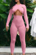 Pink Sexy Solid Hollowed Out Patchwork O Neck Skinny Jumpsuits