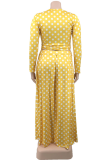 Yellow Casual Dot Split Joint O Neck Cake Skirt Plus Size Two Pieces