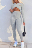Grey Sexy Solid Hollowed Out Patchwork O Neck Skinny Jumpsuits