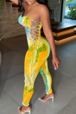 Yellow Sexy Print Hollowed Out Patchwork Frenulum Strapless Skinny Jumpsuits