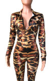 Leopard Print Sexy Print Leopard Patchwork Zipper Collar Skinny Jumpsuits