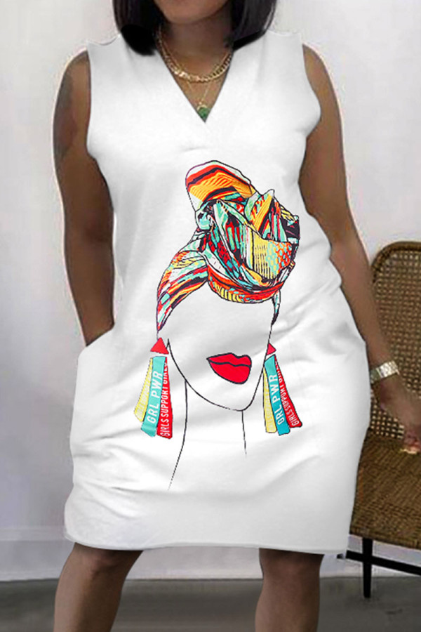 White Casual Print Patchwork V Neck Straight Dresses