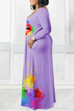 Light Purple Casual Print Patchwork V Neck Long Sleeve Dresses