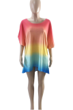 Rainbow Color Casual Gradual Change Patchwork O Neck T-Shirts