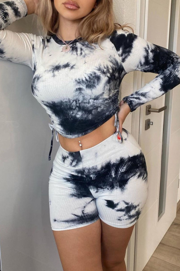 White Casual Print Tie Dye Patchwork Frenulum O Neck Long Sleeve Two Pieces