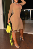 Lemon Yellow Sexy Solid Draw String O Neck Pencil Skirt Dresses