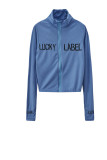 Colorful Blue Casual Letter Print Patchwork Zipper Zipper Collar Long Sleeve Two Pieces