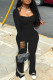 Black Casual Solid Patchwork Square Collar Long Sleeve Two Pieces