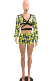 Yellow Sexy Plaid Print Bandage Patchwork V Neck Long Sleeve Two Pieces