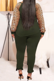 Earth Yellow Casual Leopard Split Joint O Neck Plus Size Two Pieces
