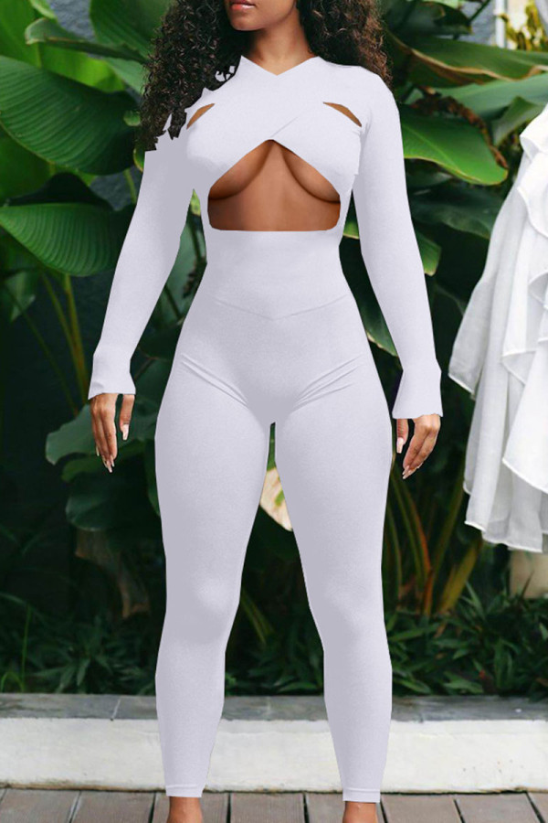 White Sexy Solid Hollowed Out Patchwork O Neck Skinny Jumpsuits