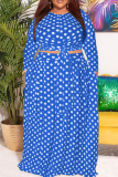 Blue Casual Dot Split Joint O Neck Cake Skirt Plus Size Two Pieces