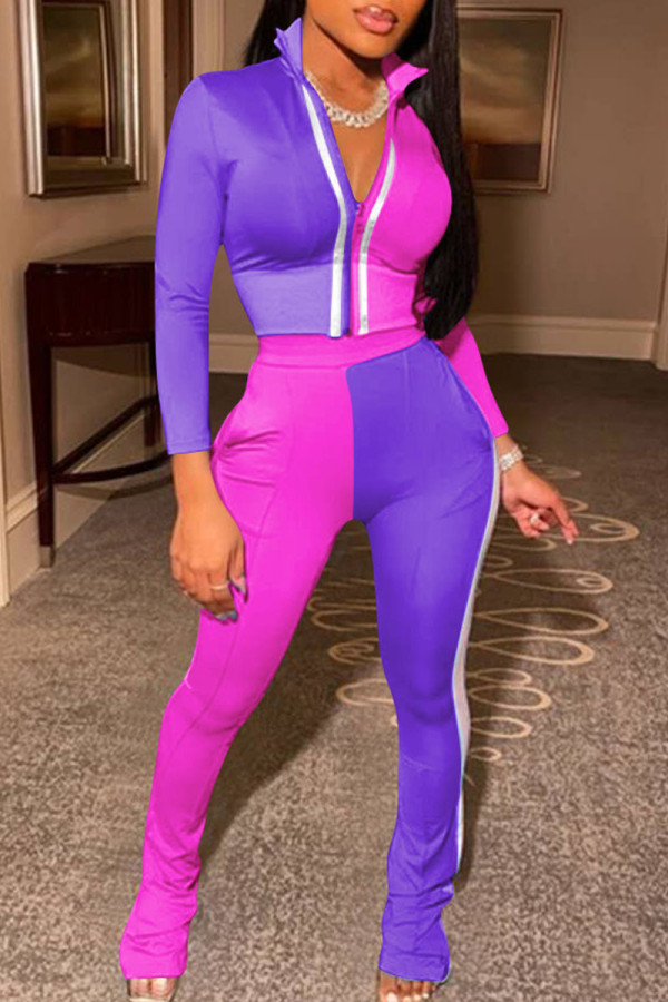 Purple Casual Solid Patchwork Zipper Zipper Collar Long Sleeve Two Pieces