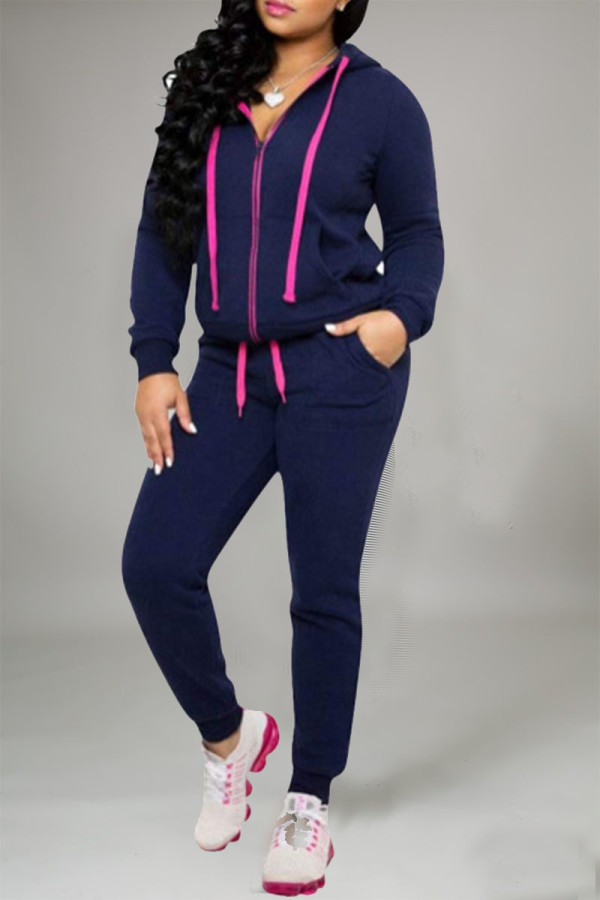 Deep Blue Casual Solid Patchwork Zipper Hooded Collar Long Sleeve Two Pieces