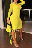Lemon Yellow Sexy Solid Draw String O Neck Pencil Skirt Dresses