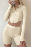 Apricot Fashion Casual Solid Zipper Hooded Collar Long Sleeve Two Pieces
