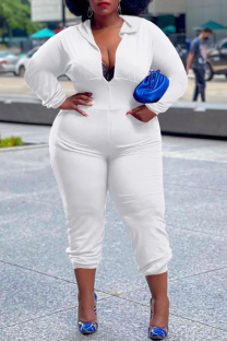 White Casual Solid Split Joint Hooded Collar Plus Size Jumpsuits