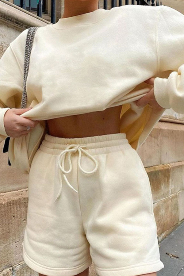 Apricot Casual Solid Patchwork O Neck Long Sleeve Two Pieces