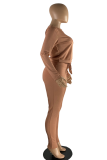Coffee Casual Solid Patchwork O Neck Long Sleeve Two Pieces