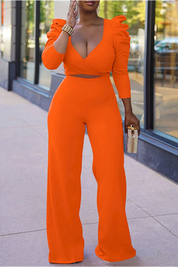 Orange Fashion Casual Solid Bandage Patchwork V Neck Long Sleeve Two Pieces