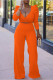 Orange Fashion Casual Solid Bandage Patchwork V Neck Long Sleeve Two Pieces