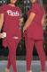 Burgundy Casual Letter Print Patchwork Asymmetrical O Neck Short Sleeve Two Pieces